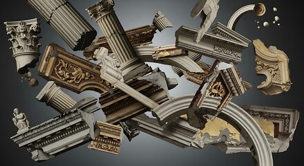 Fragmented classical architecture elements suspended in space depicting a shattered heritage concept