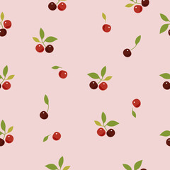 seamless cherries with stem and leaves pattern , vector , illustration