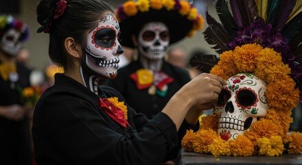 Backstage preparation shot of parade performers of Mexico's Day of the Dead celebration.