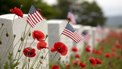 Obraz premium Red poppies and small us flags veterans day remembrance