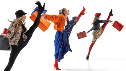 Collage art. Group of stylish women kicking high with shopping bags showing fashion joy. Concept of...