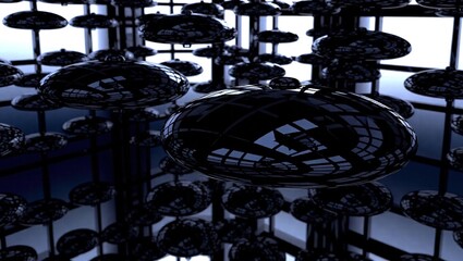 Futuristic abstract interior with glossy black mushroom like structures.