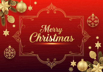 Golden Christmas Ornaments with Festive Greetings on a Red Textured Background