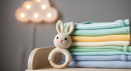 Baby clothes stack with bunny toy