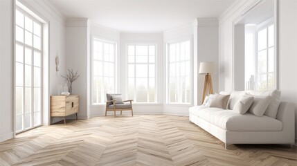 Fototapeta premium Bright White Living Room with Large Windows and Light Wood Herringbone Floor Modern Couch