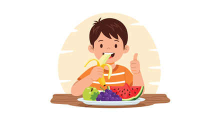 A young boy enjoys eating a healthy assortment of fruits on a plate including banana watermelon grapes and apple.
