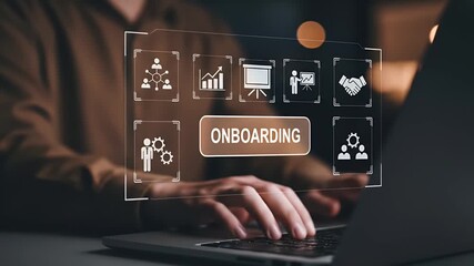 Onboarding new employee process concept. Human resources business to introduce newly hired employee into an organization with behavior, welcome, knowledge, and skills.