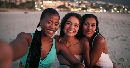 Fototapeta premium Sunset, portrait and women at beach for selfie, travel and tropical vacation in Bahamas with smile. Social media, reunion and happy girl friends by ocean for photograph, adventure or holiday picture