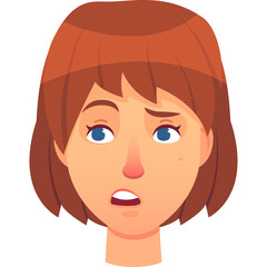 Pixelated Portrait Of A Worried Woman With Red Short Hair And Blue Eyes Against A White Background