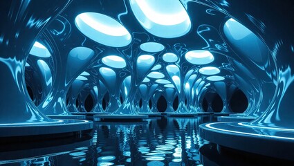 Futuristic Blue Glowing Abstract Interior with Reflective Floor.