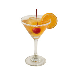 Inviting Cocktail: A refreshing cocktail with a vibrant orange slice garnish and a luscious cherry nestled within, creating a perfect blend of flavors and visual appeal.