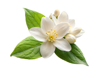 Obraz premium Beautiful White Jasmine Flowers with Lush Green Leaves on a Clean Background