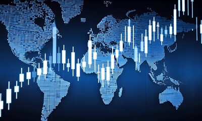 Global financial market data visualization with a digital world map and candlestick charts showing economic trends and investment performance - Powered by Adobe