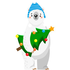 Polar Bear Wearing Blue Striped Hat Holding Decorated Christmas Tree With Colorful Lights And Star In White Background