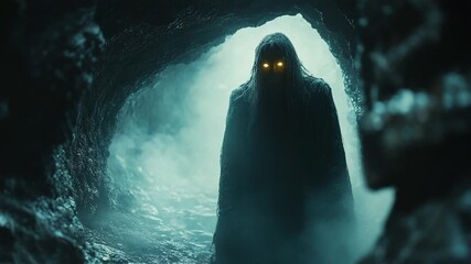 Mysterious hooded figure with glowing eyes emerges from a dark cave. - Powered by Adobe