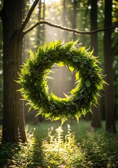 Enchanting leaf wreath suspended amongst sunlit forest scenery