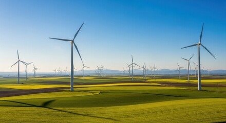 Wind Farm in Rolling Green and Yellow Fields wind turbines