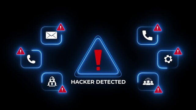 Hacker Detected Alert Warning Message Attack on World map. Wire frame Radar Network Seamless loop Motion Background. UI Elements HUD. Dives hacking concept. 4k