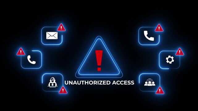 Unauthorized Access Alert Warning Message Attack on World map. Wire frame Radar Network Seamless loop Motion Background. UI Elements HUD Sci Fi interface. Dives hacking concept. 4k
