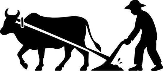 black and white silhouette of a Farmer silhouette using plough with ox - agriculture heritage concept vector with white background 