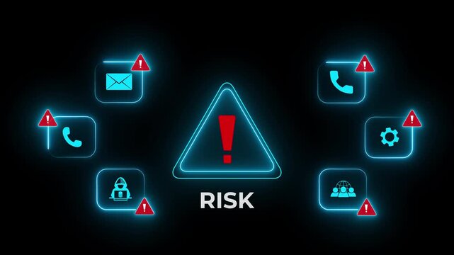 Neon Icons Illustrating Risk Factors and Warning Signs on a Dark Background danger caution