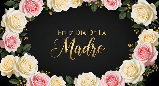 Feliz Dia de la Madre floral wreath with pink and white roses. - Powered by Adobe