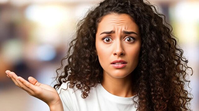 Confused young woman with curly hair shrugging shoulders, showing uncertain and puzzled expression, questioning attitude portrait, generative AI