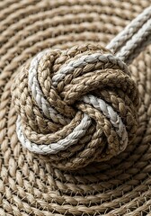 Intricate nautical knot atop woven jute rug creating a textured design