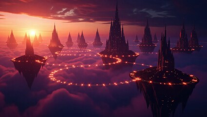 Futuristic Cityscape at Sunset - Towers Connected by Glowing Rings.
