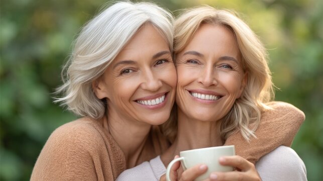 Two cheerful senior women are enjoying tea together in a lush garden, surrounded by greenery and flowers. Their laughter fills the air as they cherish this precious moment of friendship