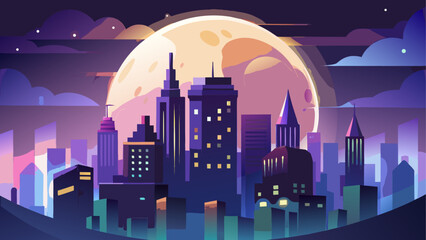 Fototapeta premium Cityscape under a large moonlit night sky