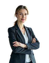 Confident businesswoman in a suit with arms crossed, professional and approachable