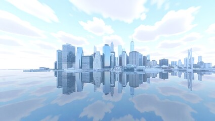 Futuristic Cityscape Reflected in Calm Water Under a Bright Sky.