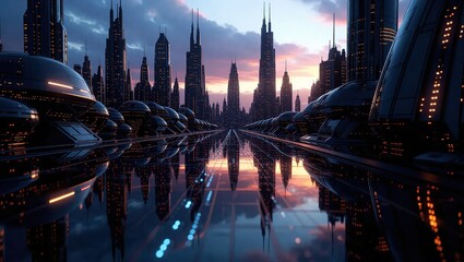Futuristic Cityscape Reflecting Sunset Hues and Architectural Wonders.