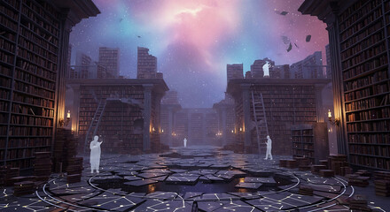 Discovering ancient wisdom within a mystical library under a vibrant cosmic sky, inspiring wonder and knowledge exploration.