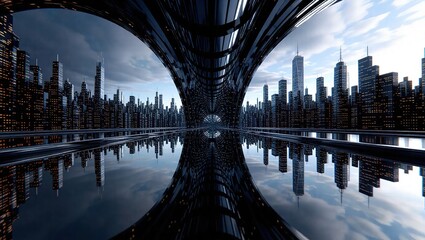 Futuristic Cityscape Reflection - Architectural Marvel and Urban Landscape.