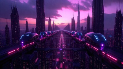 Futuristic Cityscape with High-Speed Trains at Sunset.