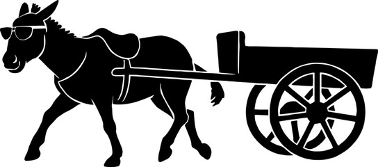 Fototapeta premium Donkey wearing sunglasses pulling cart -humor of rural life. vector with white background 