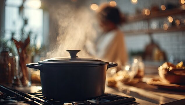 A dark-colored pot steaming on a stovetop in a bright kitchen