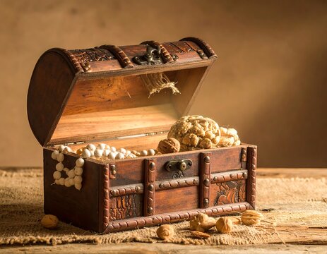 Aged wooden chest, open to reveal assorted valuables on a rustic surface