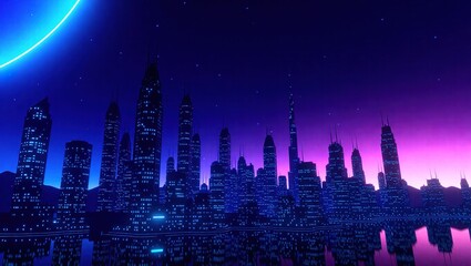 Futuristic Cityscape with Neon Lights and a Large Blue Moon.