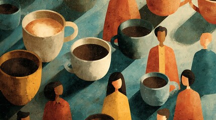 Artistic rendering of coffee cups and stylized people isolated on white background