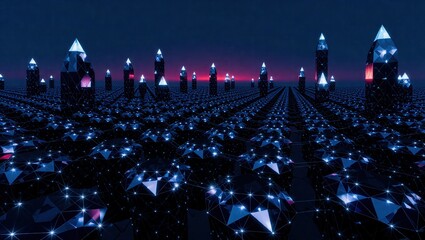 Futuristic Cityscape with Neon Lights and Geometric Architecture.