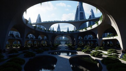 Futuristic Cityscape with Organic Architecture and Sky Bridges.