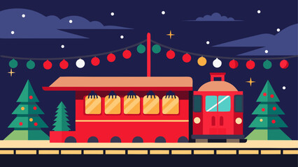Christmas train at night with christmas tree