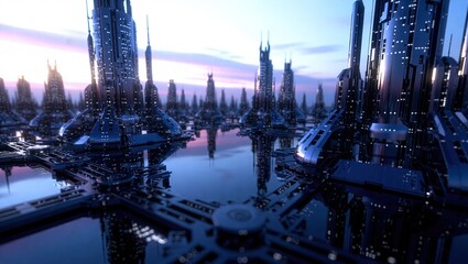 Futuristic Cityscape with Reflective Water and Towering Structures at Dusk.