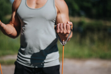 Fitness enthusiast performing a strength training exercise using resistance bands in an outdoor park setting on a sunny day, emphasizing muscle tone and physical activity.