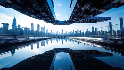 Futuristic Cityscape with Reflective Water and Abstract Overhead Structure.