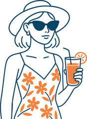 Minimalist Summer Fashion Woman Vector with Hat, Sunglasses and Juice Glass

