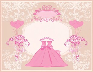 Pink princess dress invitation card template with floral and heart decorations